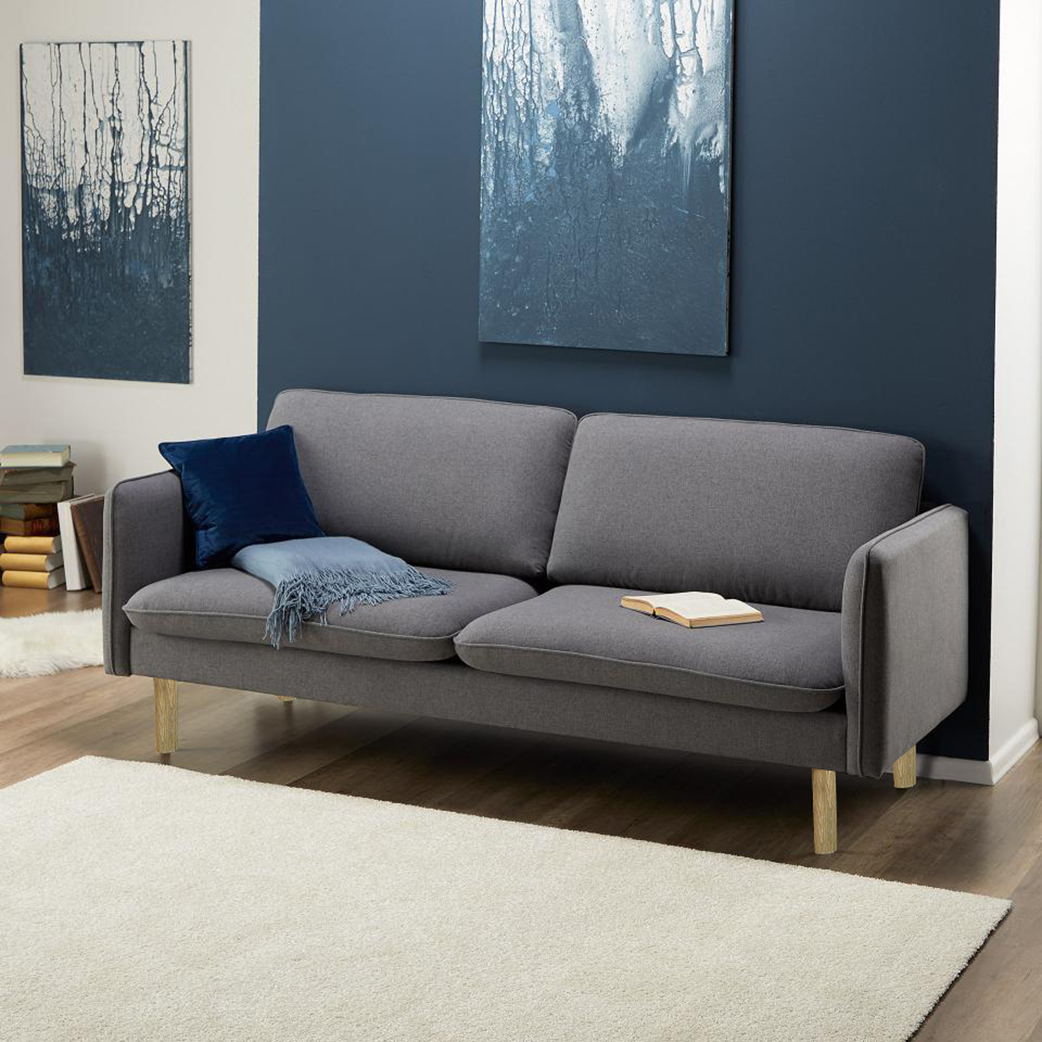 Sofa vải polyester 3s nID-002, ghi đậm, chân gỗ sồi, R205xS82xC83cm