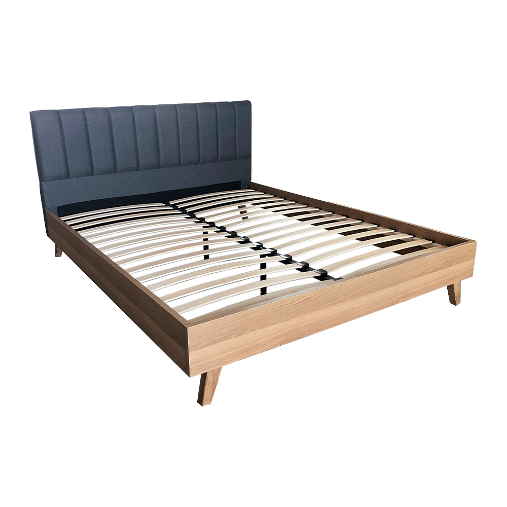 Bed Frame | MONTANA | walnut color industrial wood / dark gray polyester fabric headboard | R160xD200cm