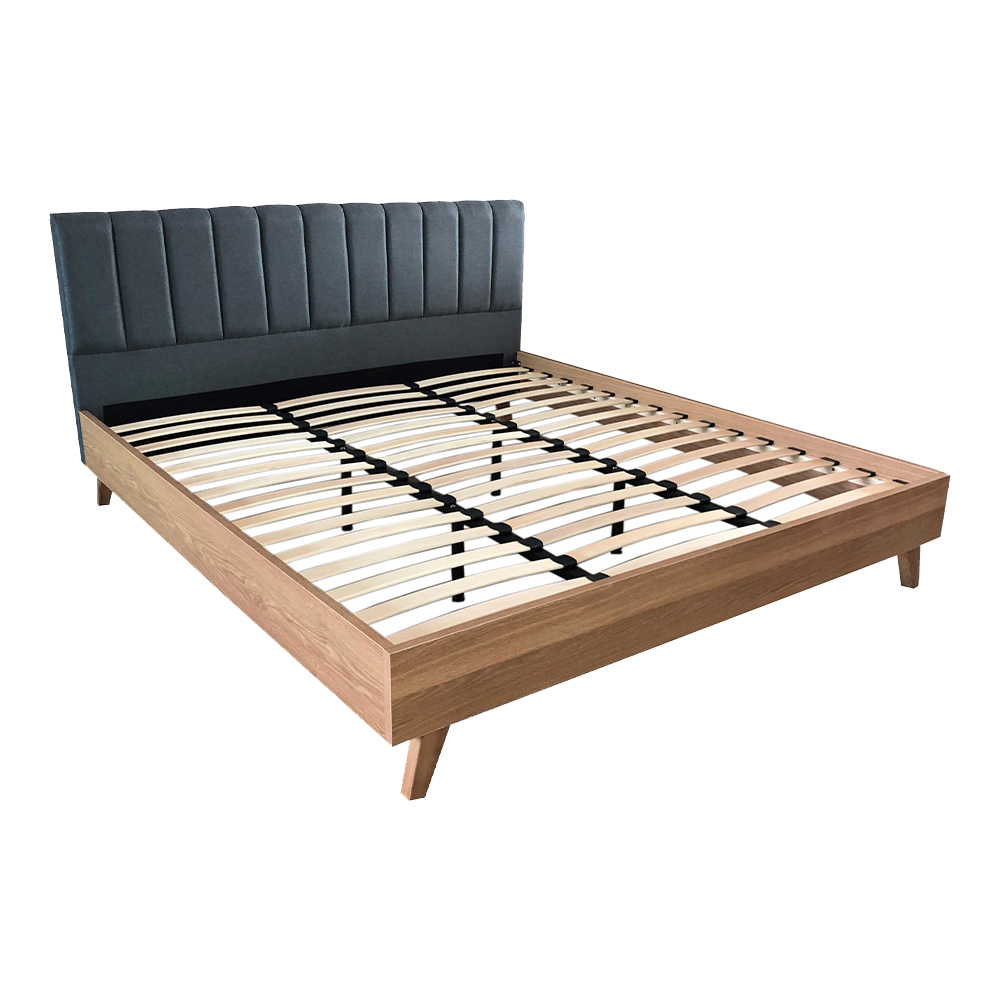 Bed Frame | MONTANA | walnut color industrial wood / dark gray polyester fabric headboard | D180xR200cm