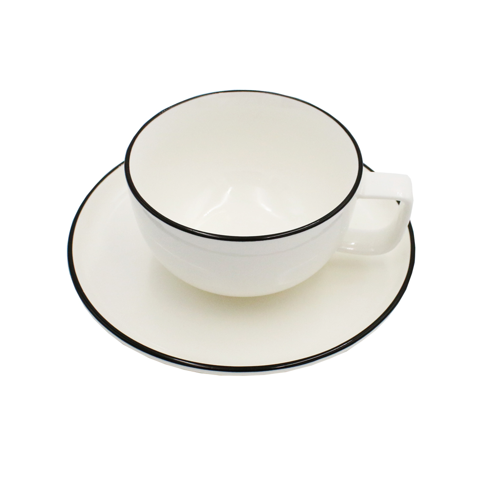 Tea set | nID | white porcelain with black border | 12.7x10.3x5.9cm/ 16.5x2.2cm