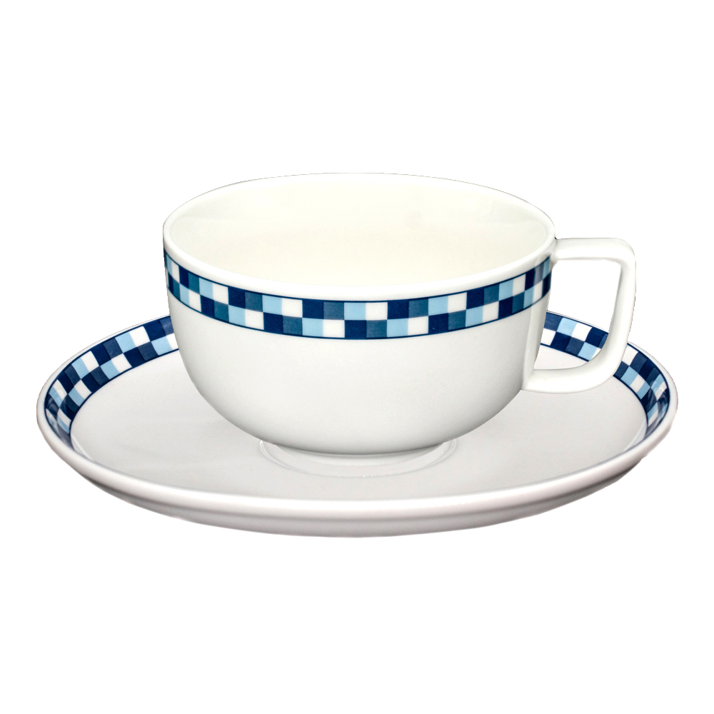 Bộ tách trà | CHECK | sứ trắng viền xanh | 13x10x6cm/ Ø16.5x2cm|  280ml