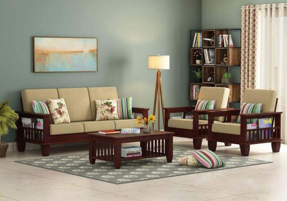 Bộ bàn ghế với màu nâu trầm kết hợp cùng với màu gối tựa đem đến một không gian mang hương hướng cổ điển 