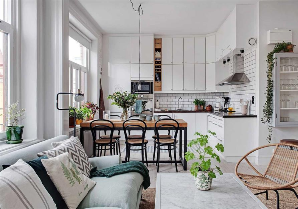 Thiết kế phòng khách liền bếp theo phong cách Bắc Âu cổ điển