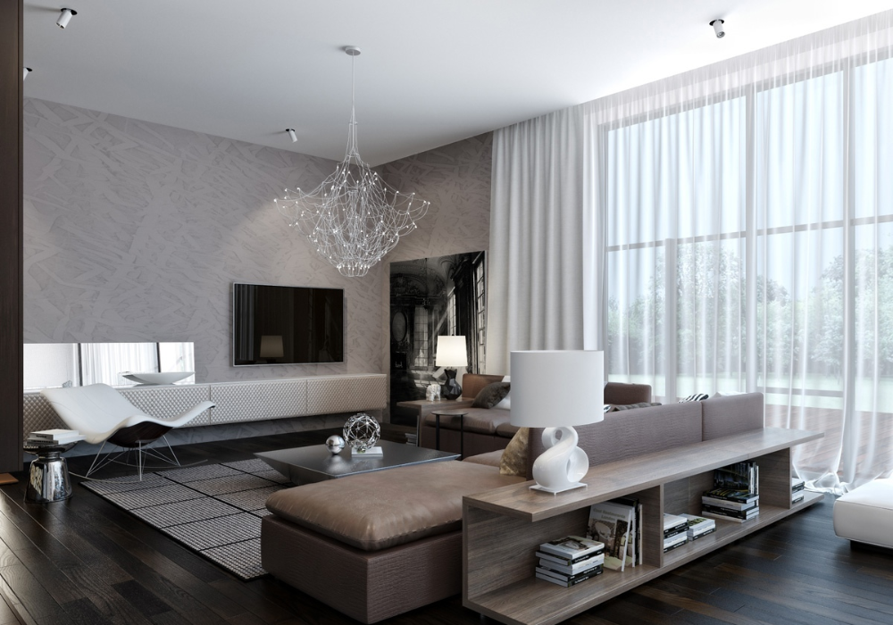 Phòng khách được thiết kế theo tone màu trầm hiện đại, cá tính.