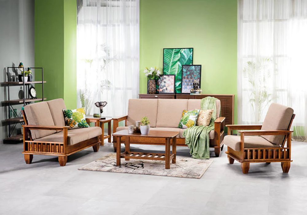 Bộ bàn ghế gỗ thiết kế đơn giản, dễ lau chùi cho phòng khách truyền thống