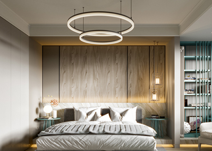 Đèn thả trần hai vòng mang đến sự hiện đại cho phòng ngủ