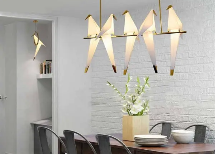 Đèn thả trần bàn ăn hiện đại với bộ 5 bóng đèn có hình dạng chim hạc trắng cho không gian trở nên sang trọng