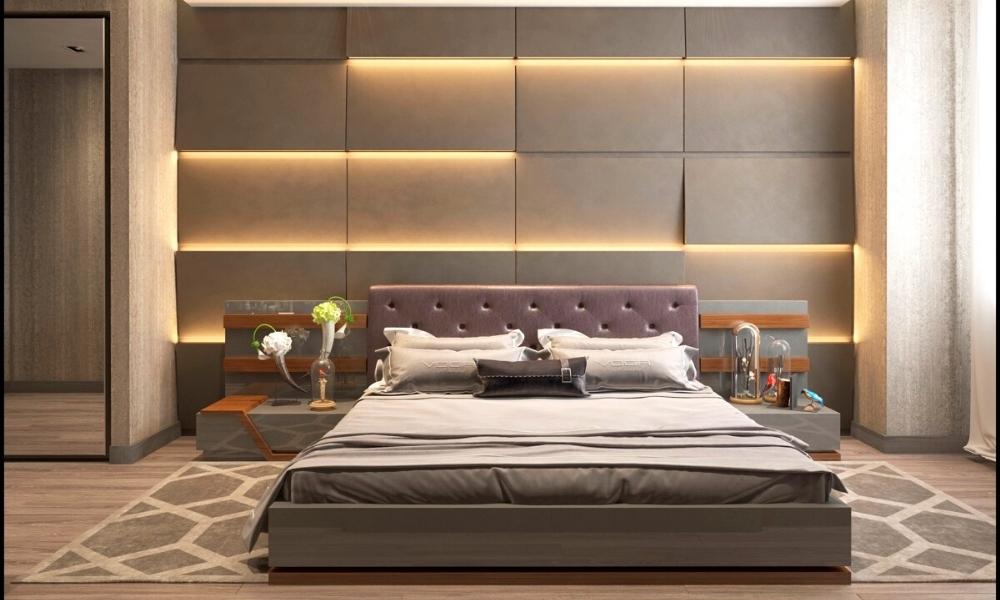 Thiết kế phòng ngủ hiện đại với cho nữ nổi bật hơn khi vách tường phòng ngủ được bố trí hệ thống đèn led âm tường.
