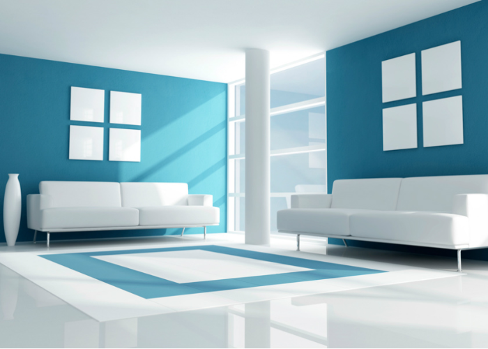 Trang trí nội thất màu trắng nổi bật trong không gian căn phòng màu xanh dương