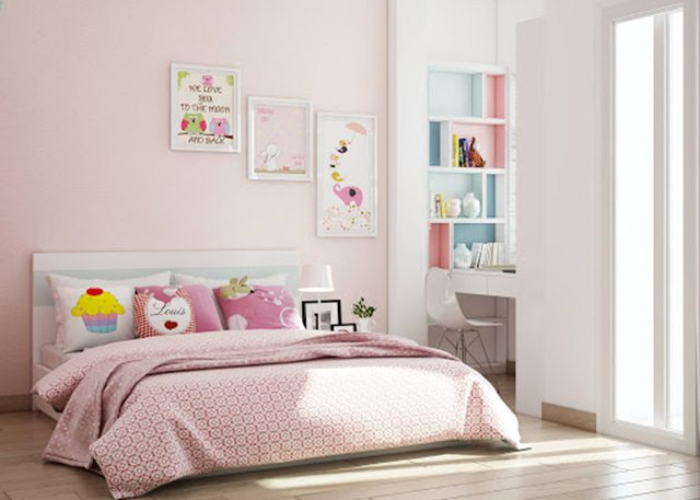 Sơn tường màu hồng nhẹ nhàng, đáng yêu cho phòng ngủ bé gái