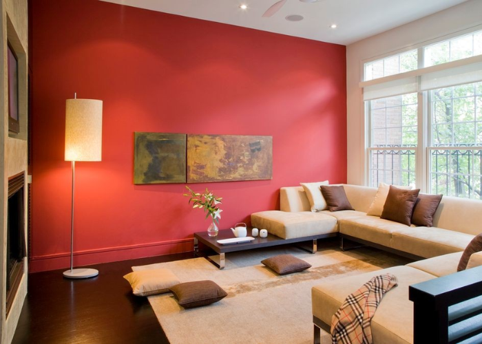 Sử dụng nội thất có tone màu đơn sắc kết hợp với màu sơn đỏ để đảm bảo vẻ đẹp hài hòa cho không gian căn phòng