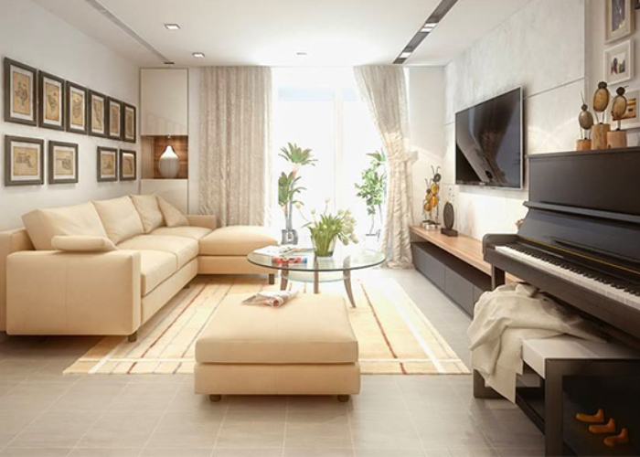 Mẫu thiết kế phòng khách chung cư 70m2 đơn giản, ấm áp