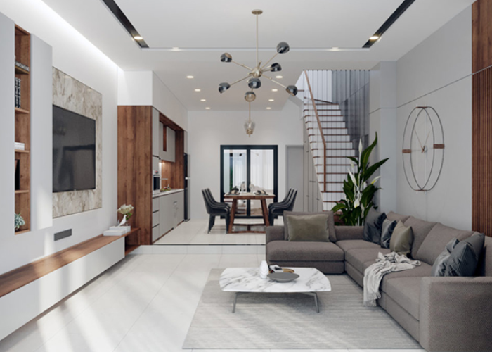 Kết hợp với nội thất tone màu gỗ là lựa chọn hợp lý cho phòng khách có màu sắc chủ đạo là màu trắng