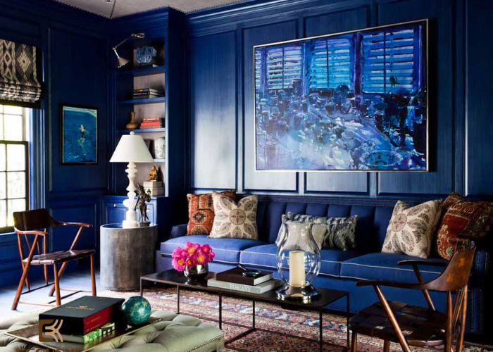 Phòng khách tone xanh lam đầy tính nghệ thuật cho những tâm hồn mộng mơ, bay bổng