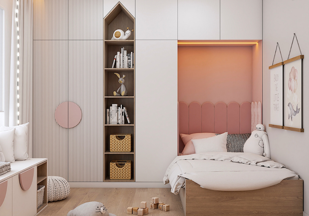 Mẫu thiết kế phòng ngủ màu hồng cho con gái phong cách đơn giản, tiết kiệm nhiều chi phí và tăng công năng.
