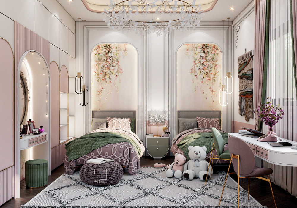 Phòng ngủ tân cổ điển cho hai con gái với màu hồng tím trầm.