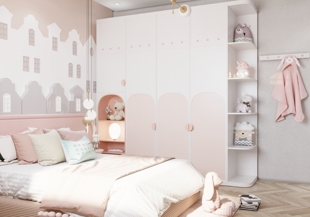 Tủ quần áo được thiết kế riêng với hai tông màu trắng, hồng