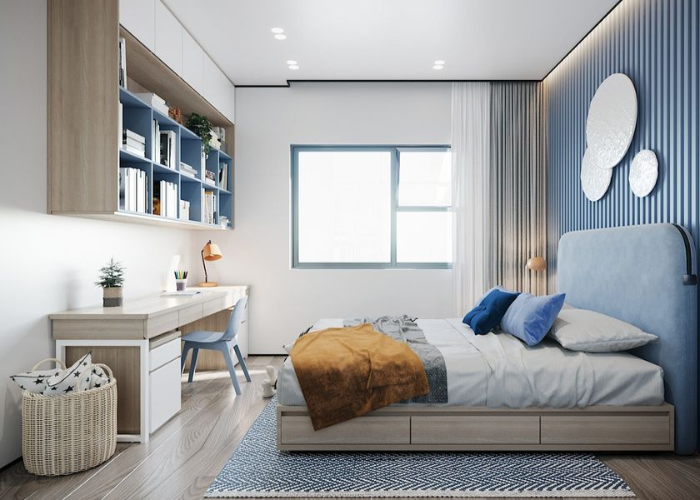 Thiết kế phòng ngủ xanh lam đơn giản cho con trai lớn
