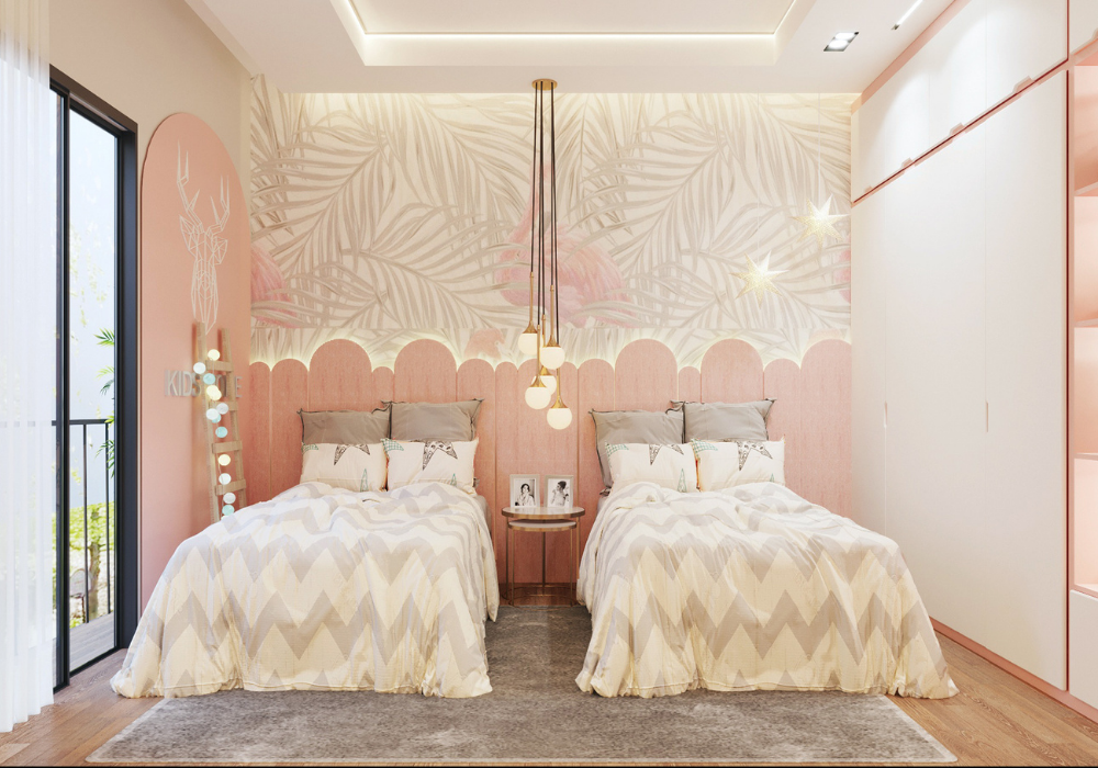 Mẫu phòng ngủ cho hai con gái đơn giản với giấy dán tường hoa lá đẹp