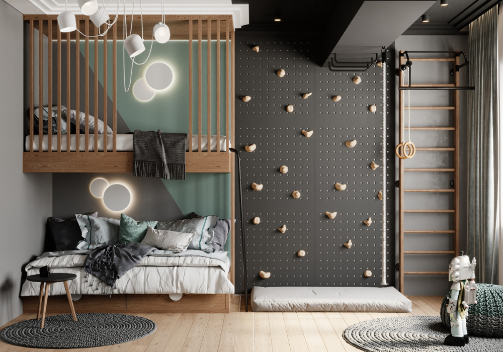 Thiết kế giường tầng tông xanh lá - xám cho hai bé trai. Đặc biệt vách tường phòng ngủ còn thiết kế vách tường leo nú