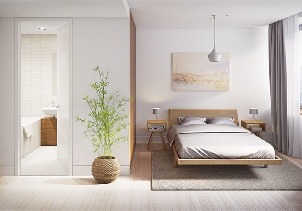 Mẫu phòng ngủ nhỏ đơn giản được thiết kế đồng bộ với phòng tắm cũng theo phong cách này