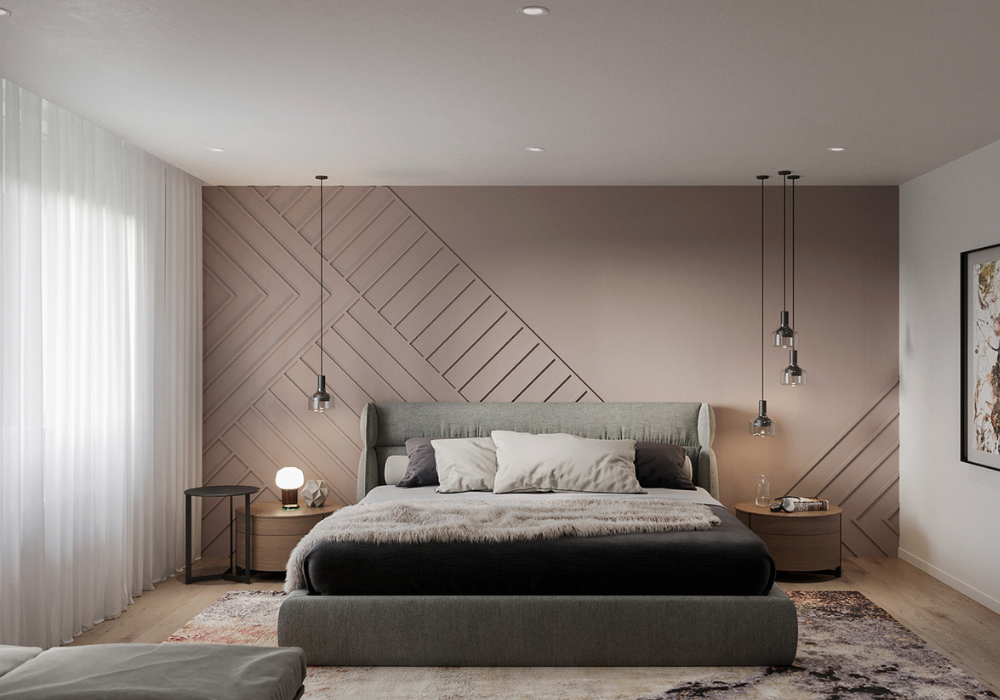 Mẫu phòng ngủ nhỏ, đơn giản theo phong cách đương đại với tông màu xám xanh và hồng ruốc