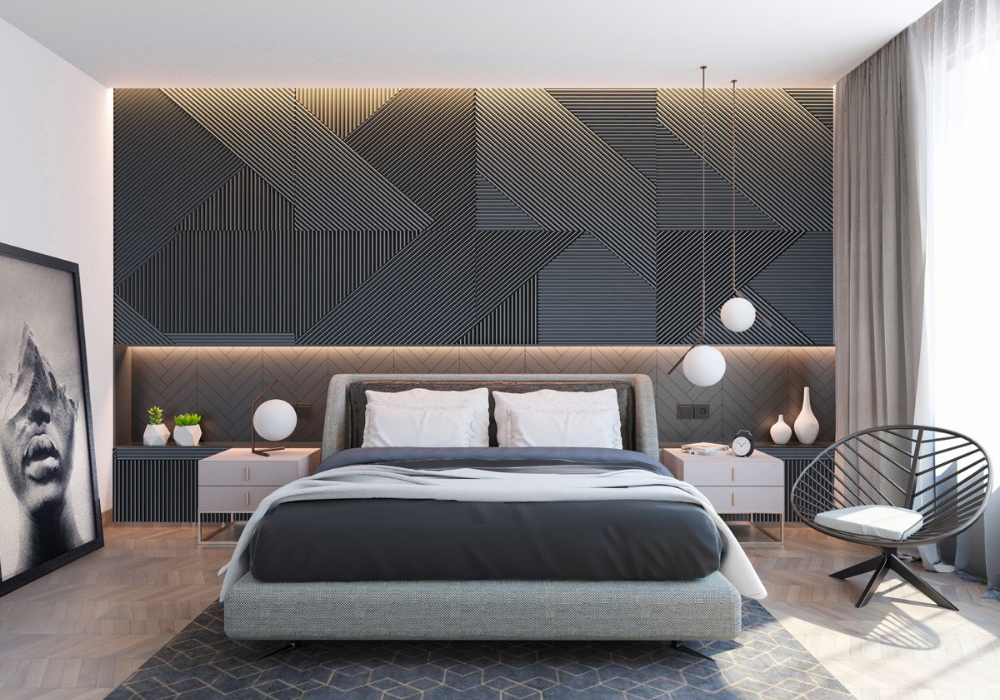 Hình ảnh mẫu giường ngủ theo phong cách hiện đại với tông màu xanh biển mát lạnh