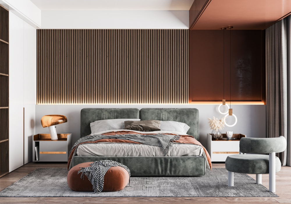 mẫu thiết kế phòng ngủ có tủ âm tường theo phong cách hiện đại và mới lạ tông màu xanh lá và nâu đỏ