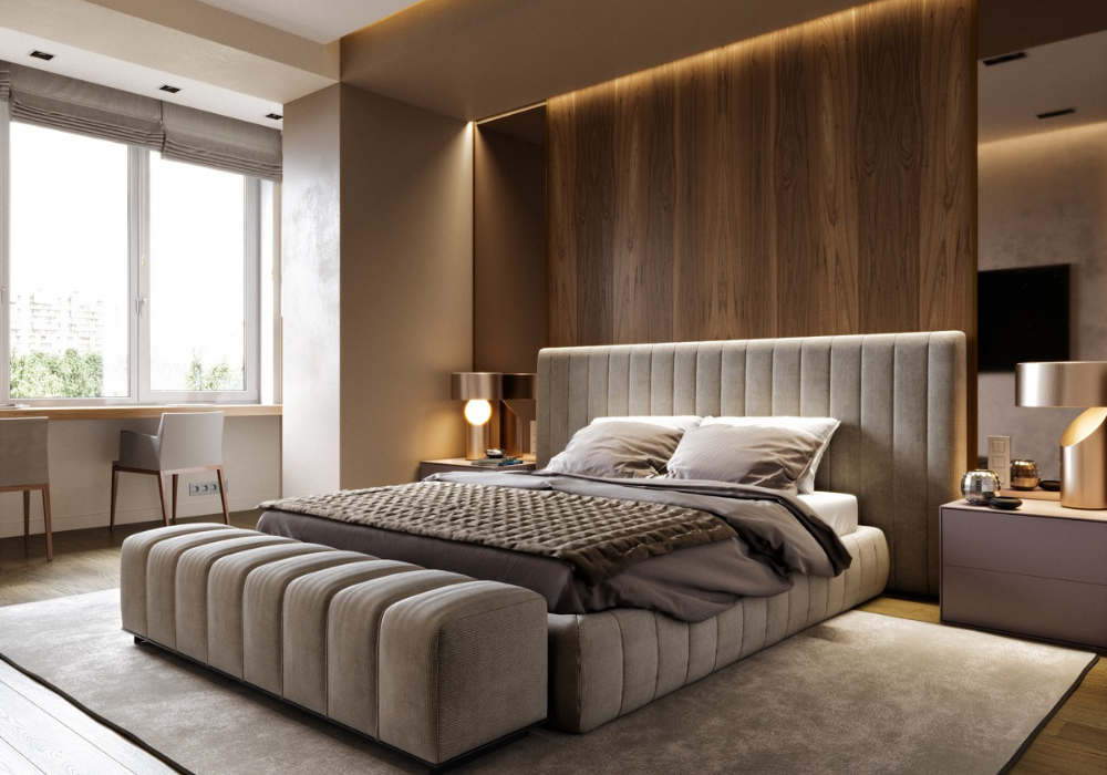 Mẫu phòng ngủ hiện đại với tông màu xám nhạt và vách tường ốp gỗ