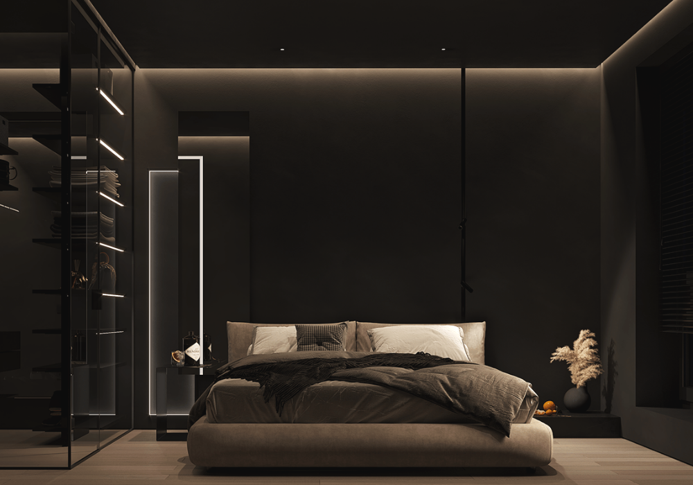 Mẫu phòng ngủ màu đen theo phong cách hiện đại, tối giản với tủ quần áo trong suốt