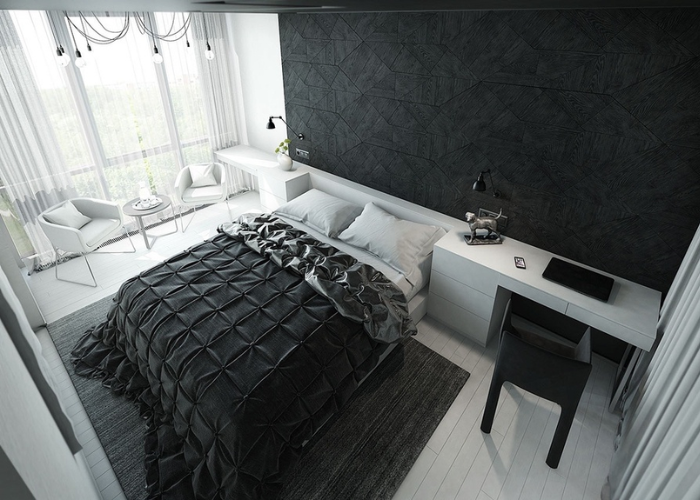 Kiểu thiết kế phòng ngủ màu đen sang trọng với 2 màu đen và trắng
