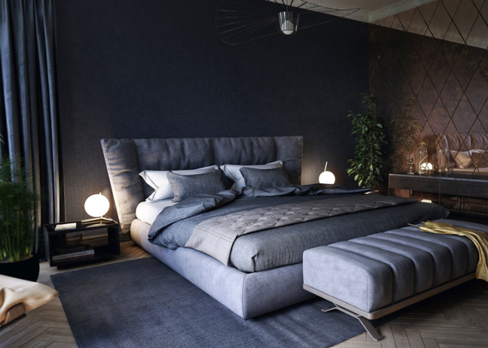 Thiết kế phòng ngủ master này là sự kết hợp giữa 2 tone màu xám và đen, tạo hiệu ứng không gian rộng