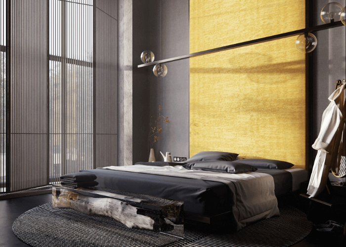 Mẫu phòng ngủ có tông màu vàng kết hợp cùng gam màu đen khiến phong cách nội thất phòng ngủ thêm hiện đại