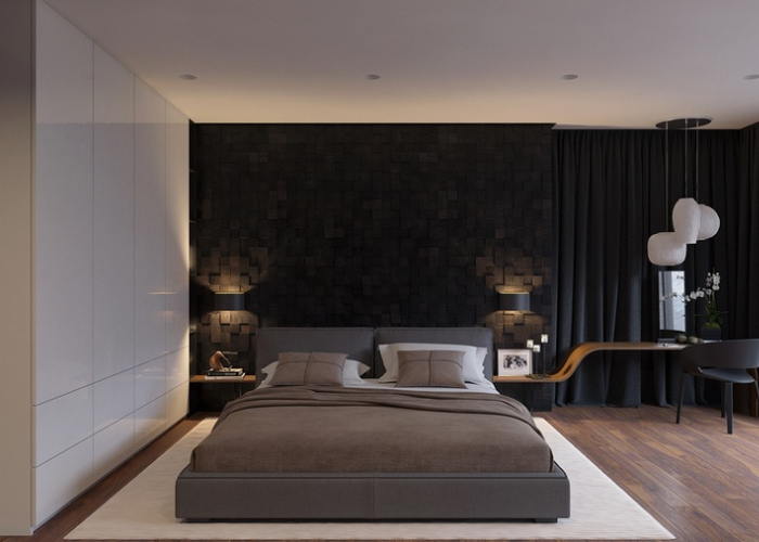 Thiết kế phòng ngủ màu đen với sự kết hợp hài hòa giữa các chi tiết nội thất đơn giản