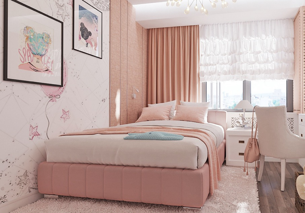 Mẫu phòng ngủ cho nữ màu hồng cho nữ được trang trí giấy dán tường và những khung tranh nữ tính, rèm cửa ren đẹp long lanh