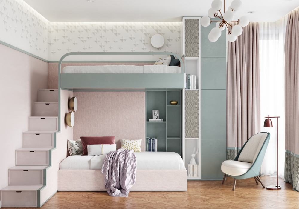 Mẫu phòng ngủ nhỏ màu hồng giường tầng được thi công xây dựng tiết kiệm không gian