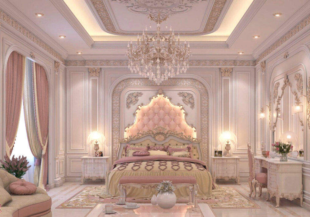 Mẫu phòng ngủ màu hồng theo phong cách cổ điển Châu Âu hoàng gia
