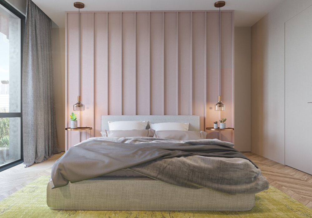 Mẫu phòng ngủ màu hồng và xám theo phong cách hiện đại thể hiện sự thanh lịch, tinh tế