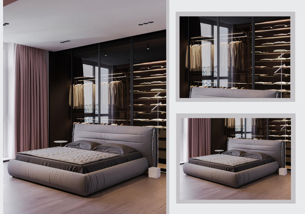 Mẫu phòng ngủ hiện đại cho nam giới với tông hồng xám với tủ quần áo cửa kính trong suốt vô cùng thời thượng, lịch lãm