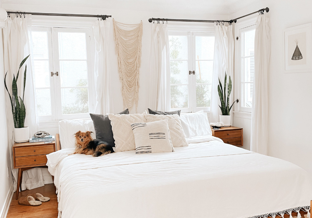 Ý tưởng trang trí phòng ngủ màu trắng theo phong cách Bohemian phóng khoáng, tự do với mành treo tường macrame, cây xanh và nội thất gỗ