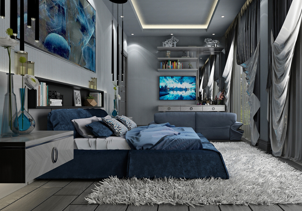 Mẫu phòng ngủ màu xanh biển theo phong cách đương đại, xu hướng mới nhất 2022.