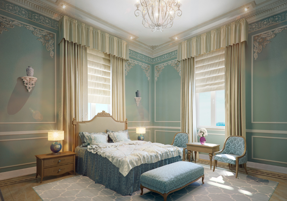 Mẫu phòng ngủ màu xanh biển phong cách cổ điển hoàng gia