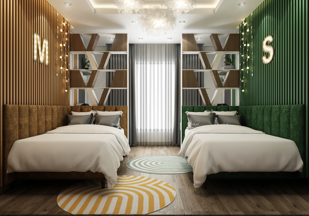 Ý tưởng thiết kế phòng ngủ cho gia đình hai con nhỏ với tông màu nâu và xanh lá ấn tượng