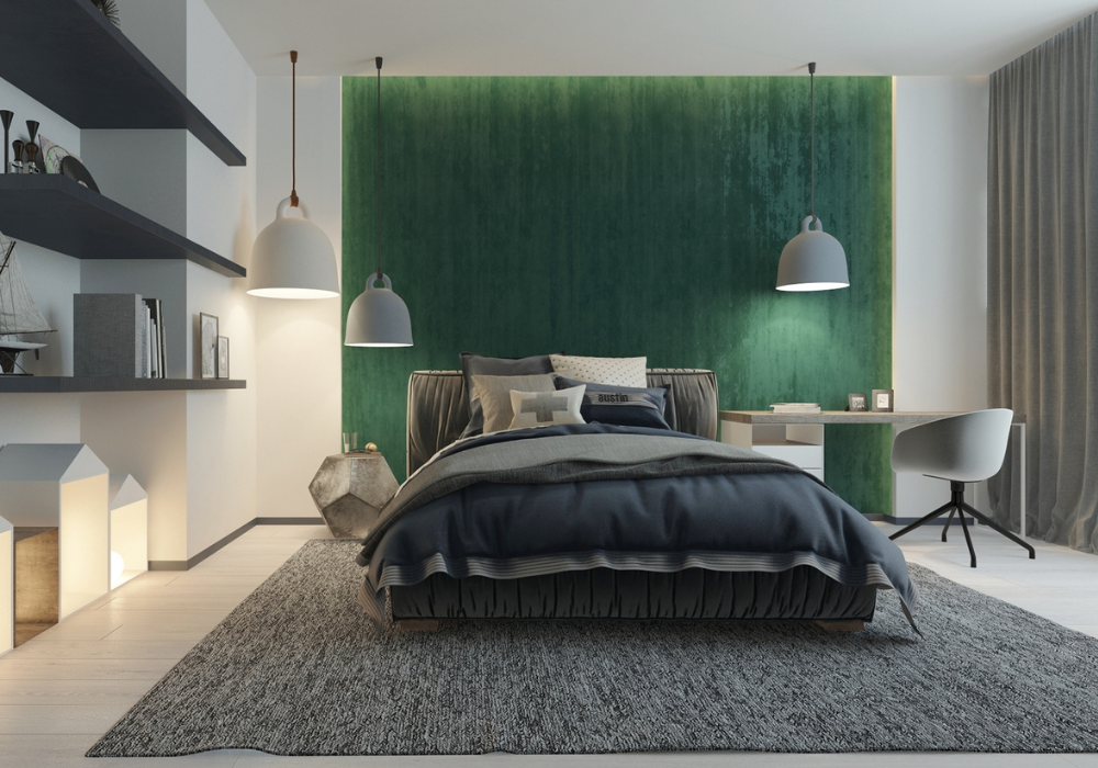 Mẫu phòng ngủ màu xám kết hợp với xanh lá ấn tượng và mang lại sự tươi sáng hơn hẳn