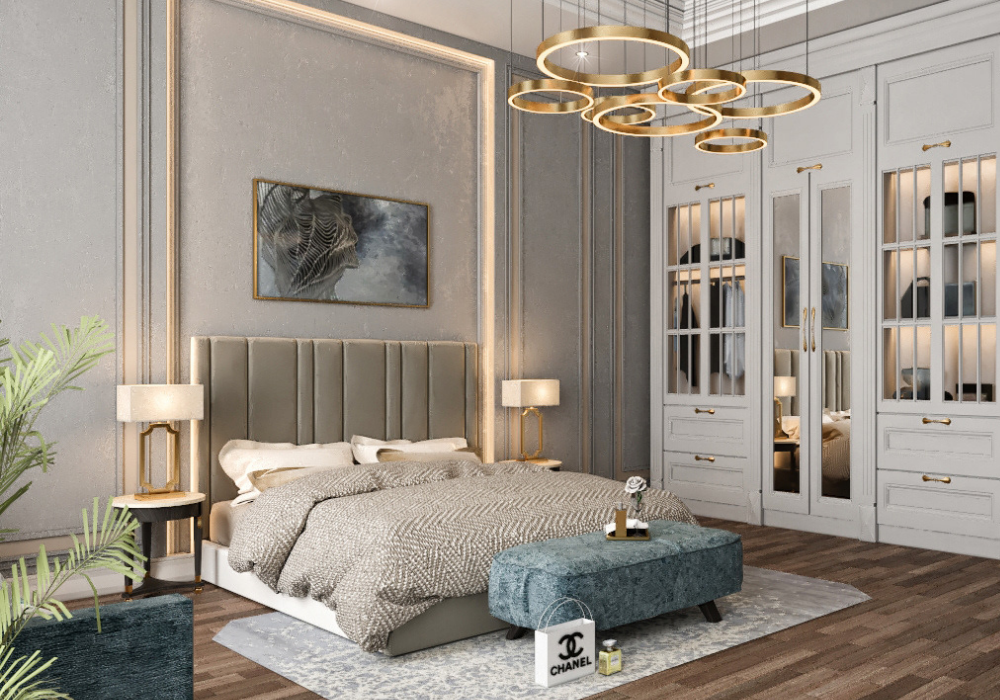 ý tưởng trang trí phòng ngủ hiện đại được bố trí thêm các nội thất phong cách cổ điển như tủ quần áo và ghế đuôi giường