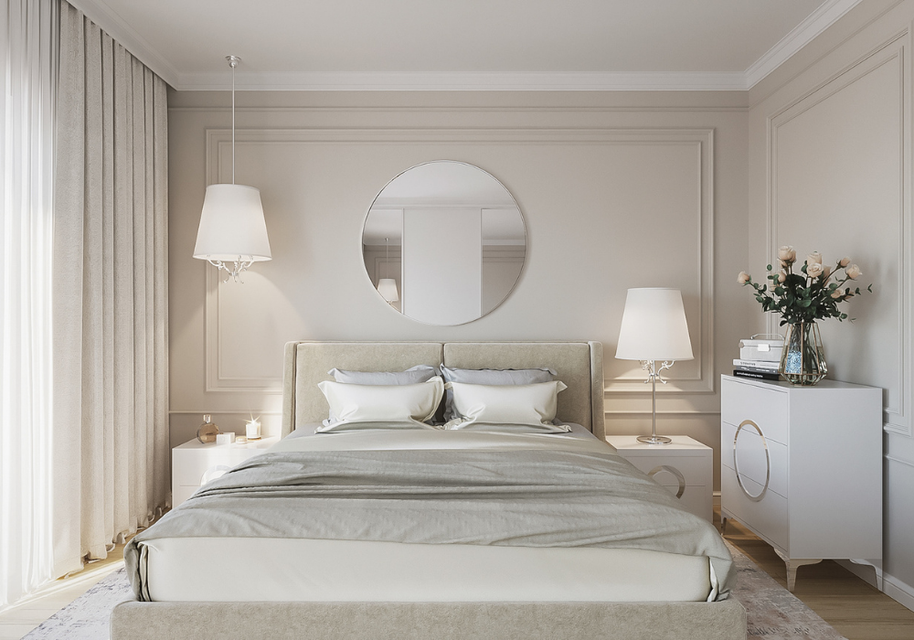 Phối cảnh phòng ngủ tân cổ điển màu trắng đơn giản và thanh lịch