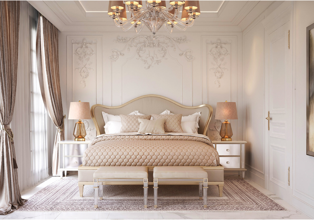 Sự ấm áp, thư giãn được thấy rõ qua hình ảnh thiết kế phòng ngủ tân cổ điển sắc hồng, xám, nâu