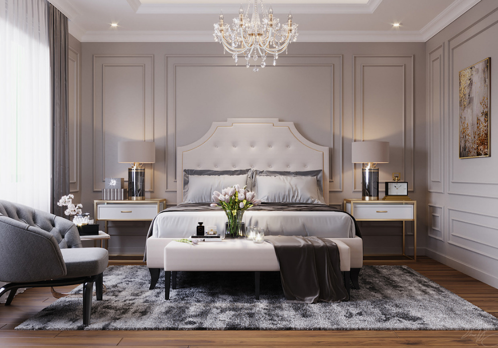 Mẫu phòng ngủ tân cổ điển đẹp thanh lịch với tông màu trắng và xám