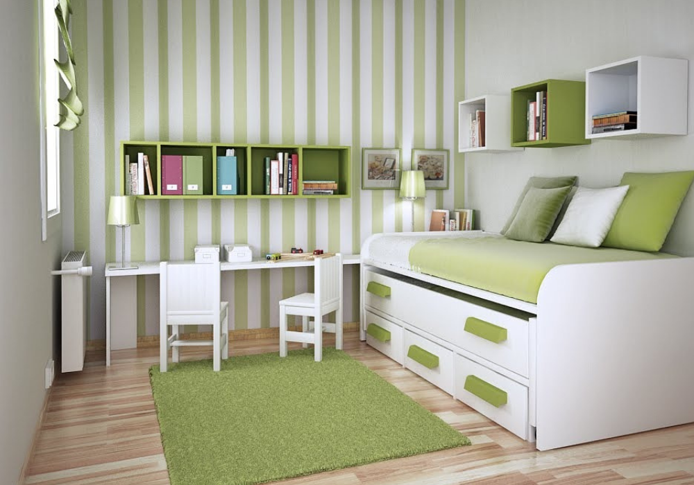 Mẫu phòng ngủ thông minh thiết kế giường và tủ chung tiết kiệm diện tích màu xanh lá