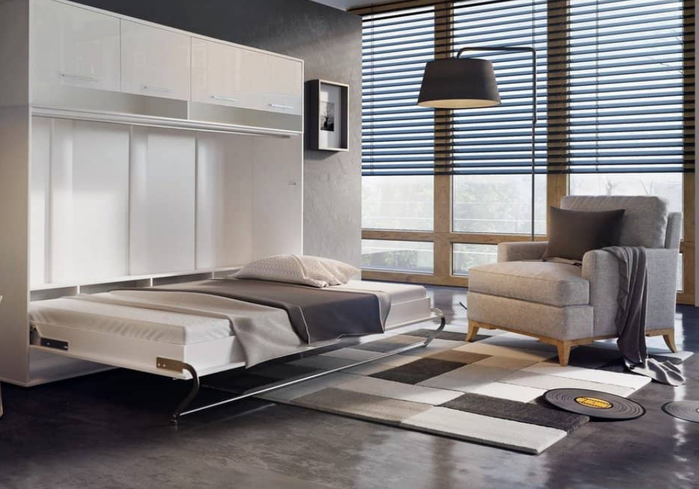 Mẫu giường phòng ngủ thông minh được thiết kế nằm ngang giúp gia chủ dễ dàng kéo ra hay xếp gọn vào